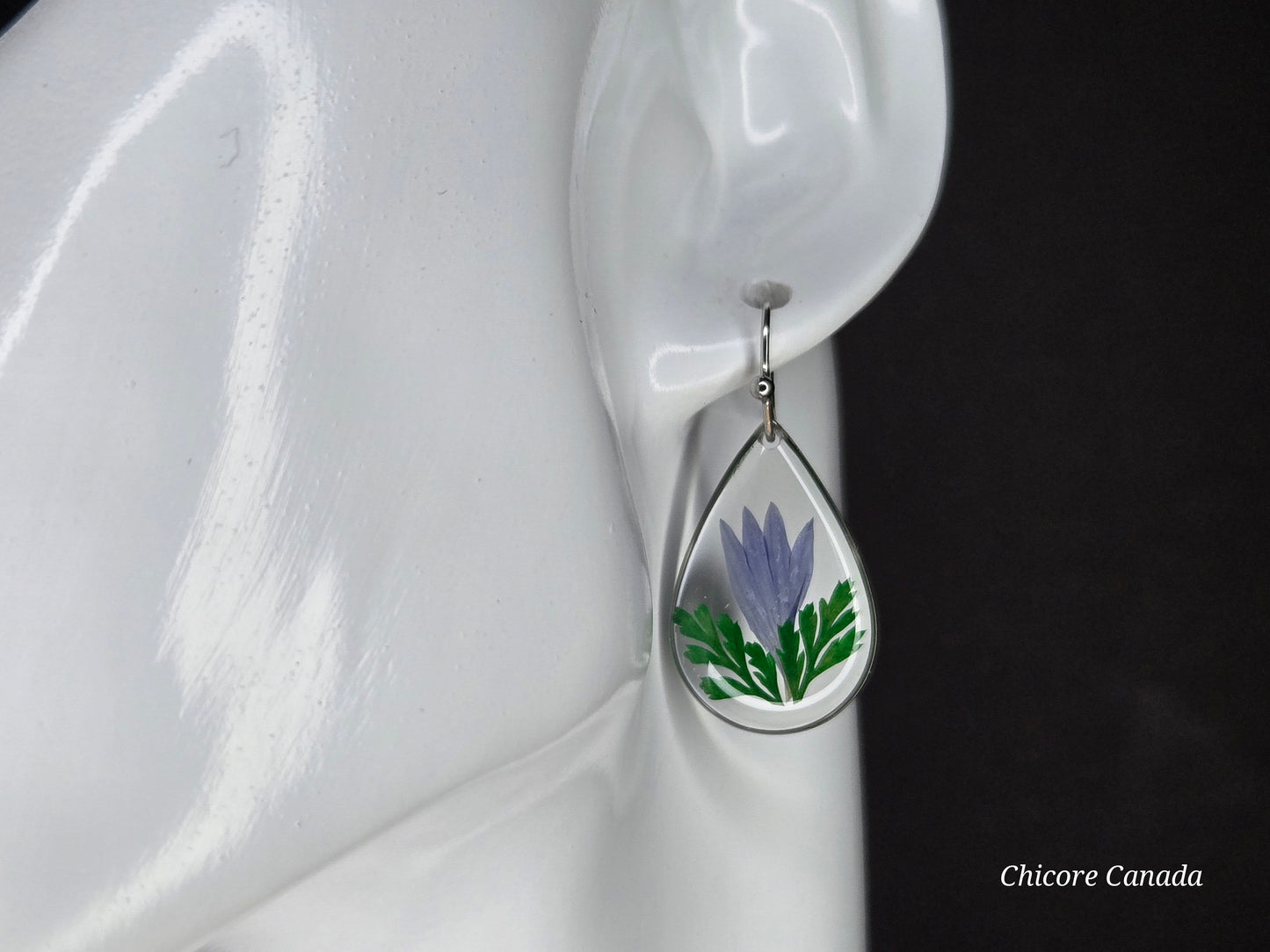 Graceful Resin Drop Earrings Featuring Real Blue Flowers