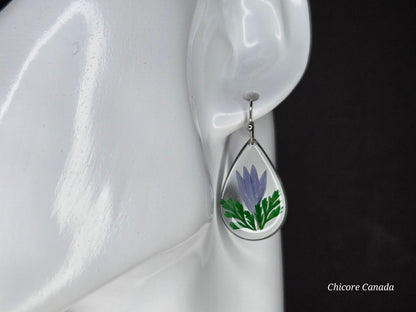 Graceful Resin Drop Earrings Featuring Real Blue Flowers
