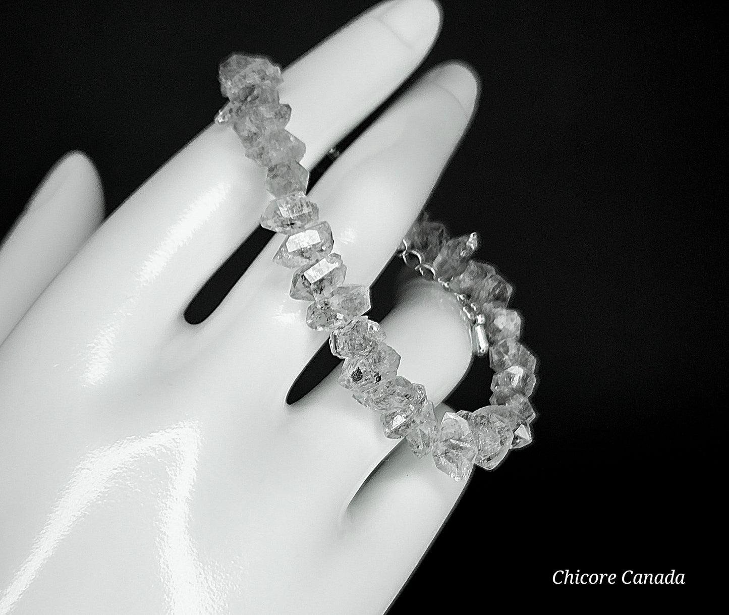 Natural Herkimer Diamond Bracelet, Raw Double-Terminated Crystal, Adjustable Silver Chain, Unisex Minimalist Jewelry