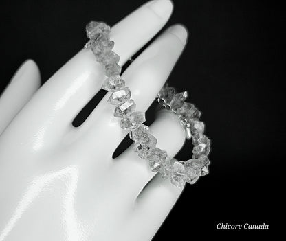 Natural Herkimer Diamond Bracelet, Raw Double-Terminated Crystal, Adjustable Silver Chain, Unisex Minimalist Jewelry