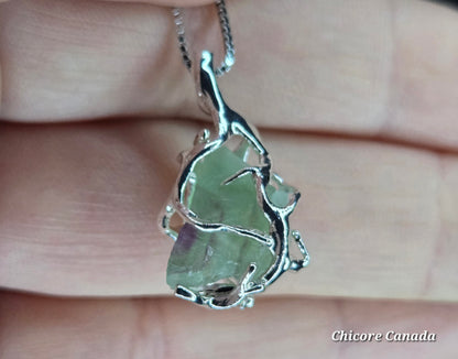 Fluorite for Focus – Raw Crystal Pendant with 925 Sterling Silver Chain