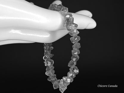 Natural Herkimer Diamond Bracelet, Raw Double-Terminated Crystal, Adjustable Silver Chain, Unisex Minimalist Jewelry