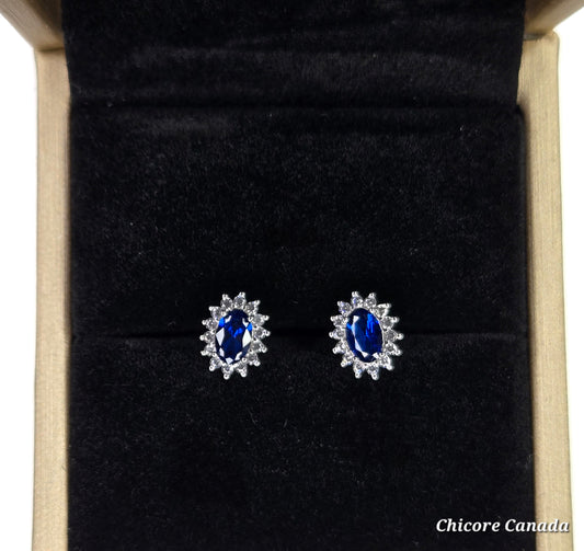Elegant Royal Blue Sapphire Oval Stud Earrings with Halo of Sparkling Cubic Zirconia