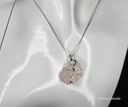 Blush Bloom – Handmade Raw Rose Quartz Pendant with 925 Sterling Silver Adjustable Necklace