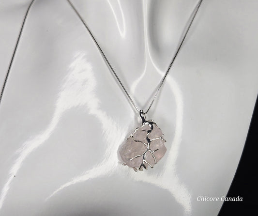 Blush Bloom – Handmade Raw Rose Quartz Pendant with 925 Sterling Silver Adjustable Necklace