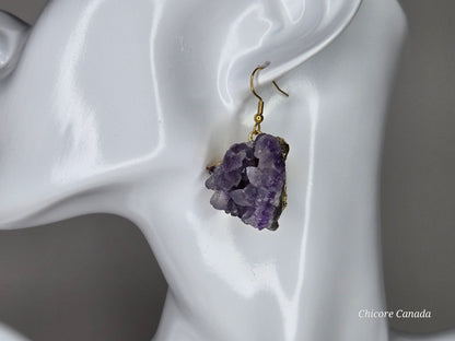 Nature’s Spark: Raw Amethyst Cluster Drop Earrings