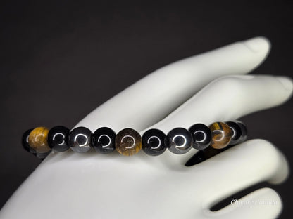 Triple Protection Bracelet - Tiger’s Eye, Hematite & Black Obsidian | Strength, Grounding & Shielding