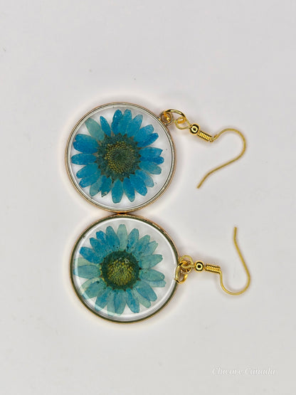 Elegant Resin Drop Earrings with Real Blue Flowers