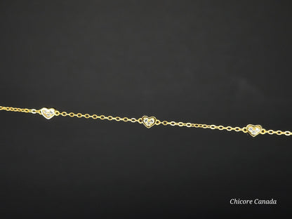 Delicate 925 Sterling Silver Adjustable Bracelet with Three Sparkling Cubic Zirconia Hearts