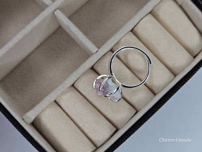 Bague ajustable exquise faite à la main avec tourmaline rose brute