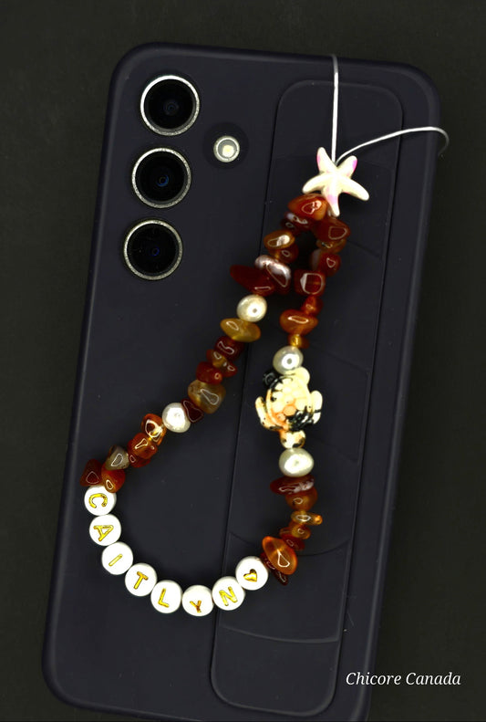 Custom Carnelian Phone Strap – Personalized Name Charm with Starfish Accent