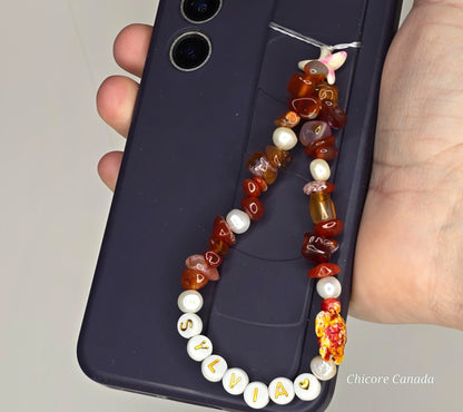 Custom Carnelian Phone Strap – Personalized Name Charm with Starfish Accent
