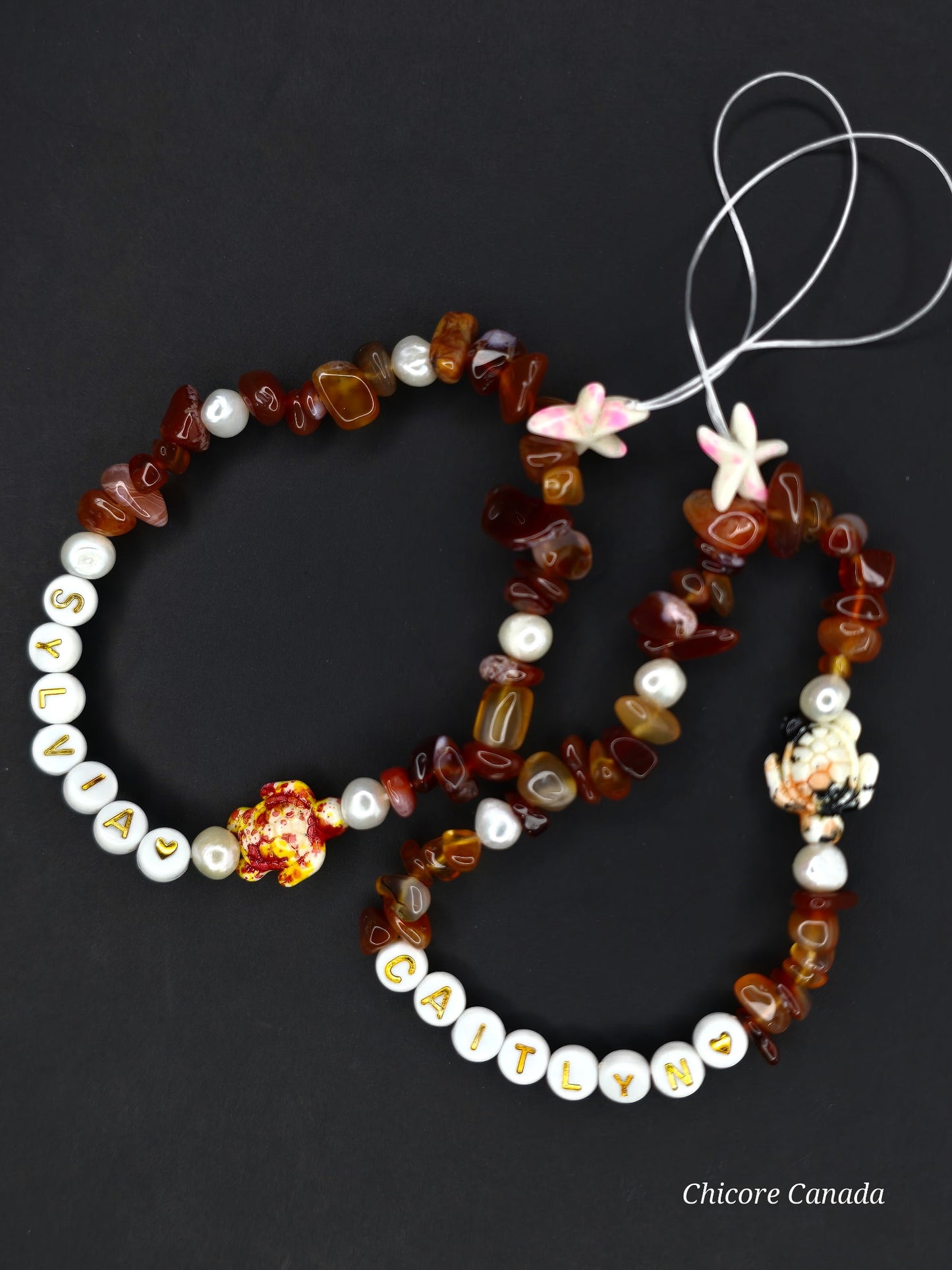 Custom Carnelian Phone Strap – Personalized Name Charm with Starfish Accent
