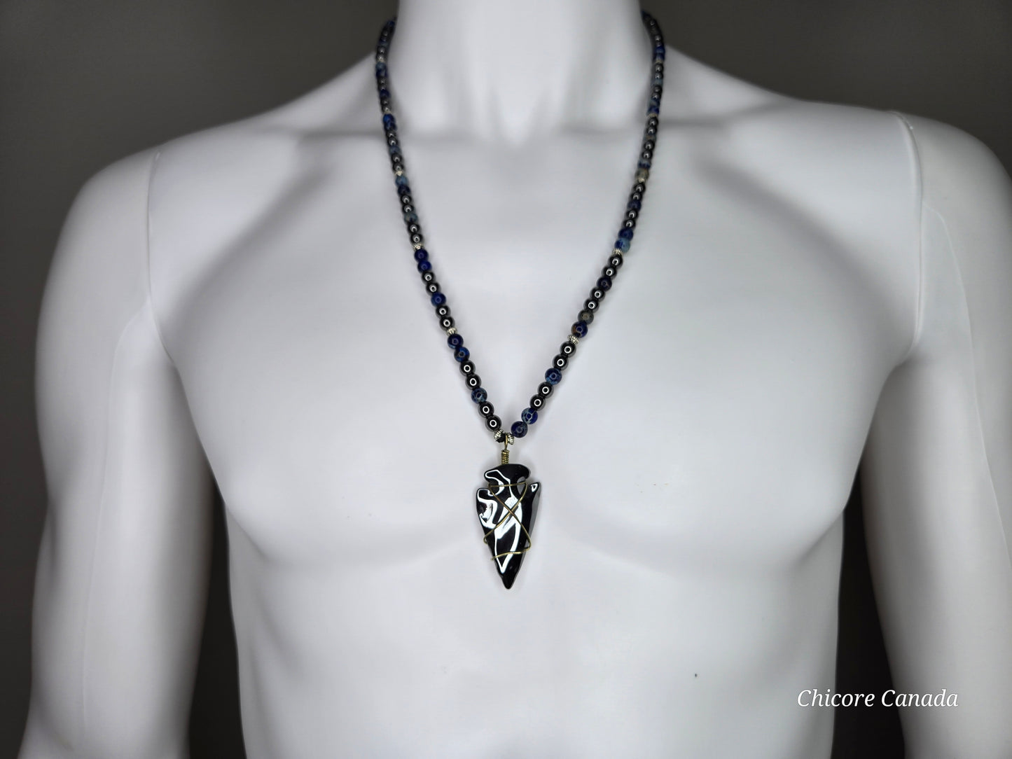Handmade Men's Blue Sodalite & Hematite Necklace with Hematite Arrowhead Pendant – Protective Stone Jewelry for Him