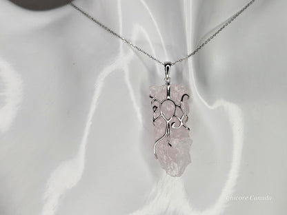 Timeless 925 Sterling Silver Pendant with Rose Quartz Crystal on Adjustable Necklace