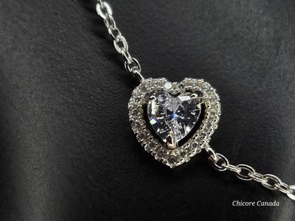 Sterling Silver Bracelet with Sparkling Heart Charm – Elegance Redefined